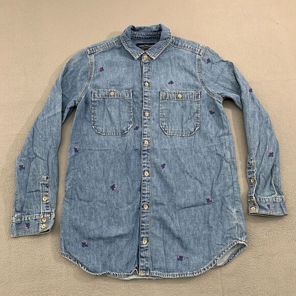 Lucky Brand Boyfriend Shirt Womens XS Denim Classic Chambray Floral Embroidery - Picture 1 of 16
